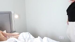 A cute girl bounces on a guy’s cock with his step mom