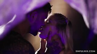 A guy is getting his dick sucked while watching his girlfriend getting fucked