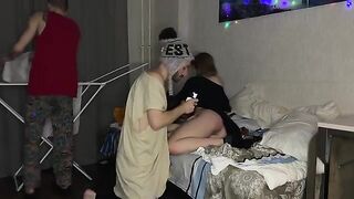 Two guys fucked a girl in her tight pussy at a party