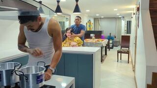 The man fucked appetizing brunette before dinner in the kitchen