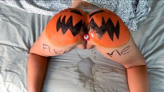 A sexy slut is having fun with a pumpkin before getting fucked hard