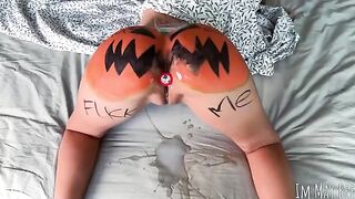 A sexy slut is having fun with a pumpkin before getting fucked hard