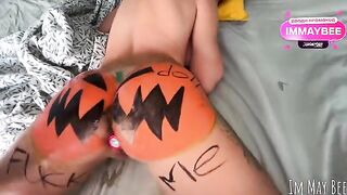 A sexy slut is having fun with a pumpkin before getting fucked hard