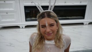 A cute girl got her face covered in makeup and received a huge facial