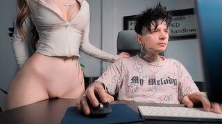 A girl caresses the table and herself, imagining a cock, in 4K