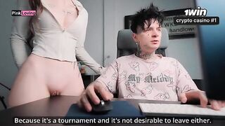A girl caresses the table and herself, imagining a cock, in 4K
