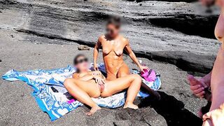 A girl removes her swimsuit and rubs herself while a guy jerks off