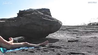 A girl removes her swimsuit and rubs herself while a guy jerks off
