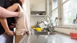 A couple has sex right in the kitchen, no need for a bedroom