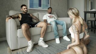 A wife gets fucked by her husband's friend on the sofa
