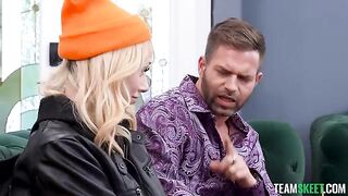A blonde beauty sits on the dick, her moans getting louder and louder