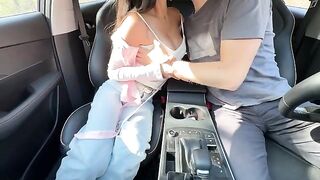The Japanese schoolgirl got fucked hard in the car and received a creampie