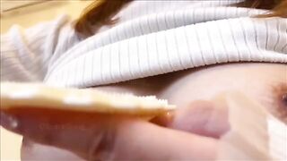 A girl caresses her breasts and achieves a powerful orgasm from them