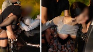 A woman has a hot foursome sex in the car with strangers