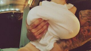 The man tested the strength of his breast pump and couldn't hold back the loud moans