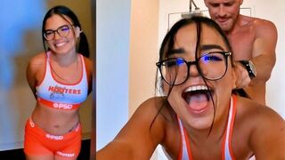 The guy reprimands the Hooters waitress and fucks her hard