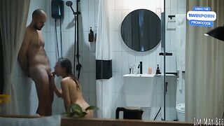 A couple has sex in the shower stall, and it fits just right for them