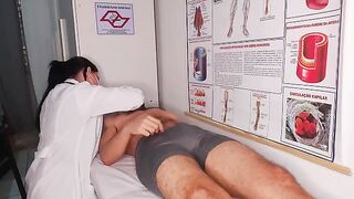 The doctor checked the patient’s cock through his pants