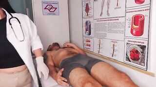 The doctor checked the patient’s cock through his pants
