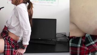Schoolgirl caught masturbating gets creampied by teacher in office