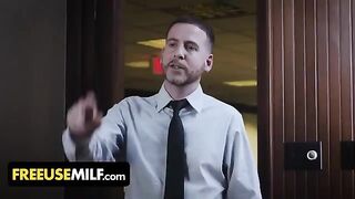 Submissive big-titted MILFs get fucked by their boss on his desk in a free use scene