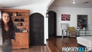 A picky client is convinced by the hot brunette real estate agent to buy a house